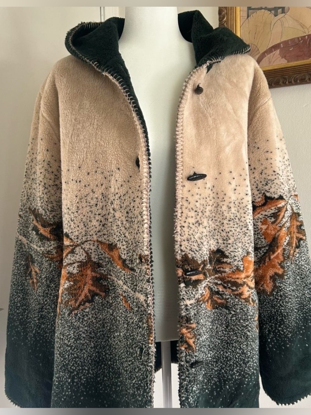 White Stag Beige, Black & Brown Faux Shearling Hooded Jacket with Leaf Motif